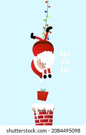 Cute Santa Claus hanging upside down on garland lights - Hand drawn lettering for Xmas greetings cards, invitations. Good for t-shirt, mug, scrap booking, gift, printing press. Holiday quotes.