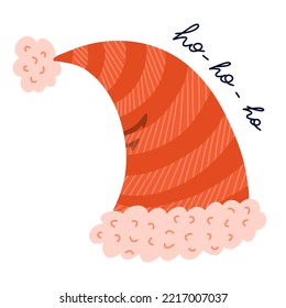 Cute Santa Claus hat with fur and lettering Ho-ho-ho. Vector hand drawn clipart isolated o background. Christmas, wintertime, holiday. New Year decor. Element of Santa holiday costume for fun party.