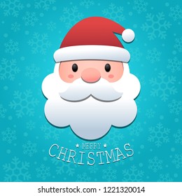 Cute Santa Claus head with Merry Christmas text on blue snowflakes background, Happy X'mas new year greeting gift design template, Flat design vector Illustration