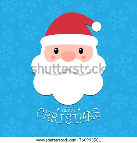 Cute Santa Claus head with Merry Christmas text on blue snowflakes background, Happy X'mas new year greeting gift design template, Flat design vector Illustration