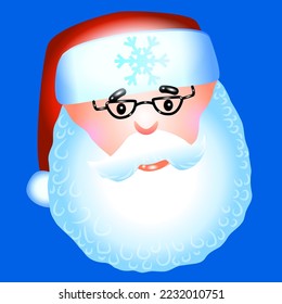 Cute Santa Claus head in a New Year's hat smiles on a blue background. Vector illustration of a Christmas character.