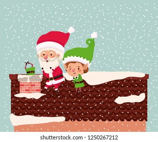 cute santa claus and helper with chimney
