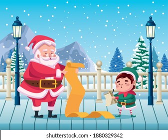 cute santa claus and helper reading gifts list in snowscape vector illustration design