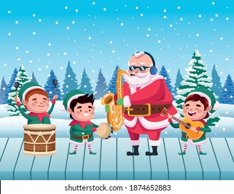 cute santa claus and helpers playing instruments snowscape scene vector illustration design