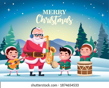 cute santa claus and helpers playing instruments scene vector illustration design