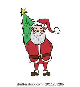Cute Santa Claus hides the Christmas tree behind his back. children's vector illustration on a white isolated background for banners.
