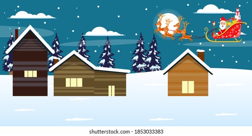 Cute Santa Claus and his sleigh and reindeers with full of gift boxes flying in the sky on beautiful background upside houses