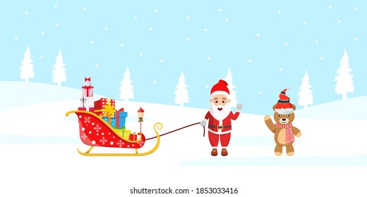 Cute Santa Claus and his sleigh full of gift boxes and bear standing on beautiful background