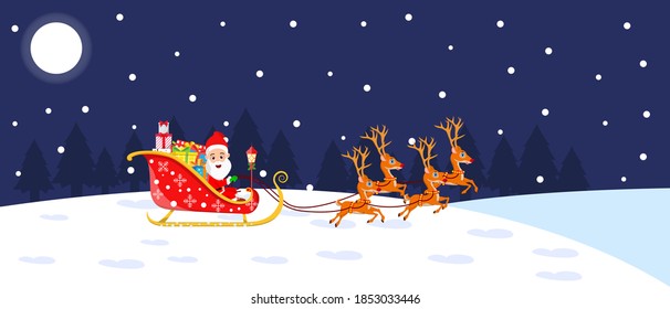 Cute Santa Claus and his sleigh and reindeer with full of gift boxes running in a snow field on a beautiful background