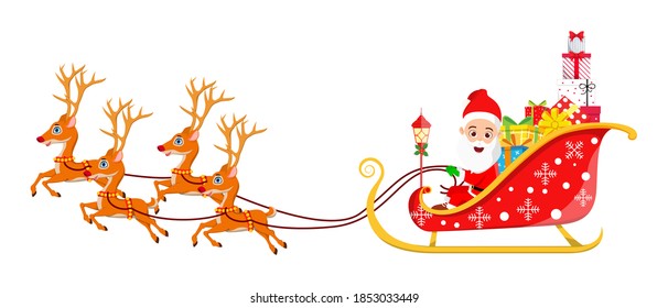 Cute Santa Claus and his sleigh and reindeers with full of gift boxes running on a white background