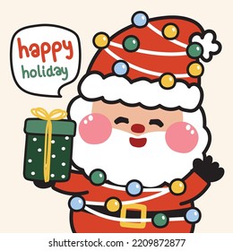 Cute santa claus hold gift with happy holiday text.Merry christmas concept.Cartoon character hand drawn.Kid graphic design.Winter season.Kawaii.Vector.Illustration.