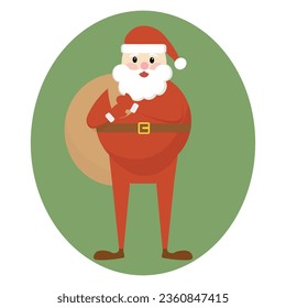 Cute Santa Claus is holding a bag of gifts behind his back, on a white isolated background, in cartoon style, smiling, for greeting cards on Christmas Eve, vector illustration, 10 EPS. grandpa in the 