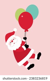 Cute Santa Claus holding a balloon and floating up flat illustration