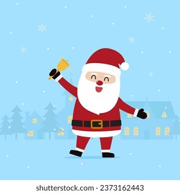 Cute santa claus holding bell with city village and christmas tree in night time with snowfall. Christmas season and Happy new year season. Vector illustration