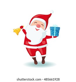 Cute Santa Claus holding a bell and gift in flat style isolated on white background. Vector illustration