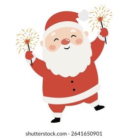 Cute Santa Claus holding bengal lights and having fun. Flat vector illustration on white background in simple child style