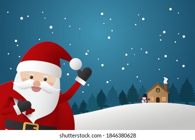 Cute santa claus holding a big sack with landscape forest. Merry christmas and happy new year. Christmas greeting card