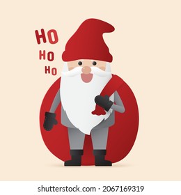 Cute santa claus holding a big sack on beige background. Christmas season and Happy new year season. Christmas greeting card. Vector illustration