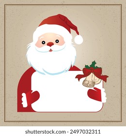 Cute santa claus holding blank sign. Vector illustration.vintage background. Santa Claus, Christmas, list, message, parchment, paper, manuscript, frame, sign.