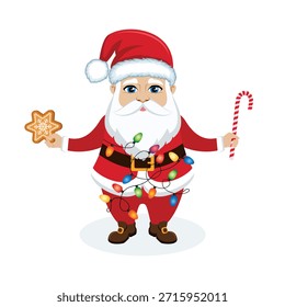 Lindo Santa Claus sosteniendo caña de caramelo y Ilustración vectorial de galletas de jengibre. Papá Noel feliz con un icono de luces de guirnalda aislado en un fondo blanco. Plantilla para el fondo, Anuncio, tarjeta