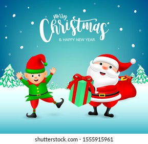 Cute Santa Claus holding Christmas Gift box to little elf. Merry Christmas and happy new year. Vector Iillustration on winter lanscape background. 