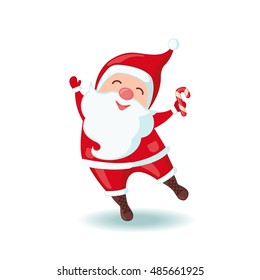 Cute Santa Claus holding Christmas candy in flat style isolated on white background. Vector illustration