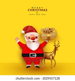 Cute santa claus holding gift box and deer illustration