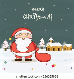 Cute Santa Claus holding gift sack on winter night background for Merry Christmas celebrations.