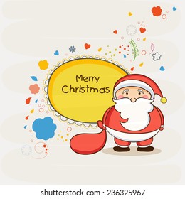 Cute Santa Claus holding gift sack with wishing text in frame on stylish background for Merry Christmas celebrations.