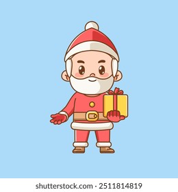 Cute santa claus holding gift kawaii chibi character mascot illustration outline style design set