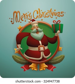 Cute Santa Claus holding a gift box, frame, vector