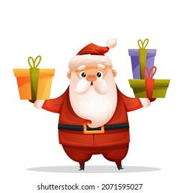 cute santa claus holding gifts in his hands. Cheerful santa. New Year's greetings. Christmas illustration isolated on white background.