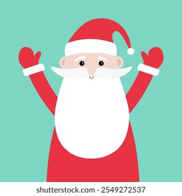 Cute Santa Claus holding hands up. Red hat, costume, round beard. Cute cartoon kawaii funny character. Merry Christmas. New Year. Childish style. Greeting card. Isolated. Green background. Vector