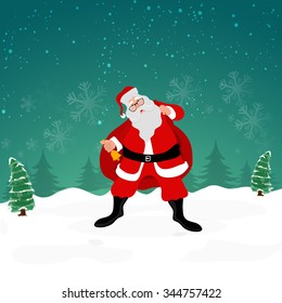 Cute Santa Claus holding a heavy gift sack and ringing a Jingle Bell on snowflakes decorated winter night background.