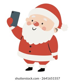Cute Santa Claus holding his phone and taking selfies. Flat vector illustration on white background in simple child style