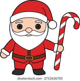 Cute Santa Claus holding a large candy cane miniature, festive Christmas illustration, holiday decoration, adorable character, winter celebration, cheerful seasonal design for cards and gifts