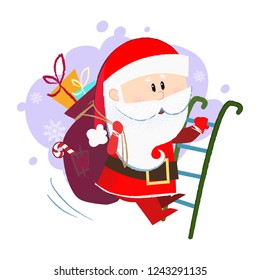 Cute Santa Claus holding sack with gifts and climbing ladder. Christmas design element. For greeting cards, leaflets, brochures, invitations, posters or banners.