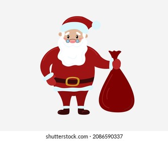 Cute Santa Claus holding sack. Christmas character and bag with gifts inside. Vector flat illustration.