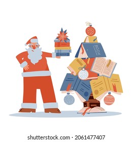Cute Santa Claus holding stack of books near Xmas tree made of books. Christmas, New Year greeting flat vector illustration for educational projects.