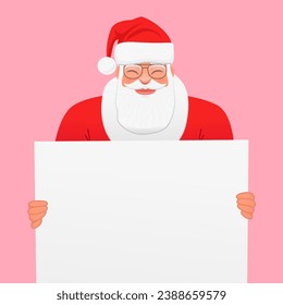 Cute Santa Claus is holding a white empty poster in his hands. A template, a place for your ad. Vector illustration on a pink background.
