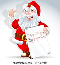 Cute Santa Claus holds banner for text