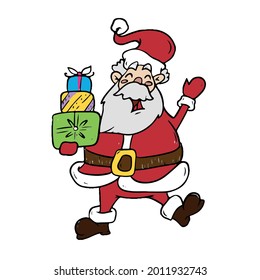 Cute Santa Claus holds boxes with gifts. children's vector illustration on a white isolated background for banners.