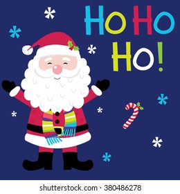 Cute Santa Claus with holly leaf on the hat and Ho ho ho colorful design vector 