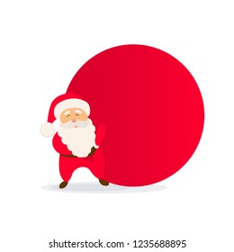 Cute Santa Claus with huge bag. Christmas vector concept. Funny Santa isolated on white