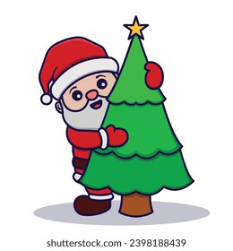 Cute Santa Claus Hugging the Christmas Tree Cartoon Vector Illustration Isolated On White Background