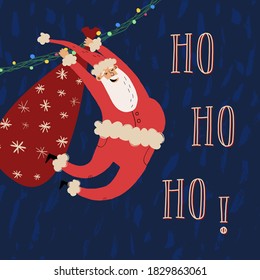 Cute Santa Claus hung on a Christmas garland with lights and flies, in a hurry to deliver the Christmas gifts in his bag. Ho Ho Ho lettering on blue snowfall background. Greeting card, banner design.