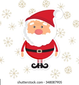 Cute Santa Claus  icon on  white background with golden snowflakes. Christmas card