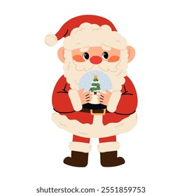  Linda ilustración de Santa Claus en estilo infantil con globo de nieve en el tema del Año Nuevo. Santa Claus en diferentes poses, agitando la mano, con regalos. Ilustración vectorial plana aislada en blanco 