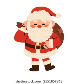  Cute  Santa Claus illustration in children's style with snow globe on New Year's theme. Santa Clauses in different poses, waving his hand, with presents. Flat vector illustration isolated on white 