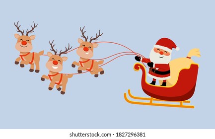 Cute Santa Claus image riding reindeer sleigh. Merry Christmas clip art. Flat vector isolated.